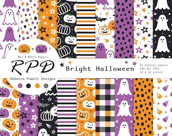 Może przedstawiać: 18 cyfrowych papierów z motywami Halloween. Papiery prezentują różne wzory, w tym paski, kropki, gwiazdki i kratę. Wzory są w kolorze pomarańczowym, fioletowym, czarnym i białym. Papiery mają rozmiar 30,5 cm x 30,5 cm i rozdzielczość 300 dpi.