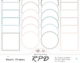 Love Hearts Frames Labels Digital Clip Art Set, Neutral Colours, Square Text Box, Round Circles, Png, Jpeg, Scrapbooking, Commercial Use