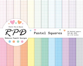 Grid Pattern Seamless Digital Paper Pack, Pastel Colours & White, Backgrounds, Scrapbook Pages, Commercial Use