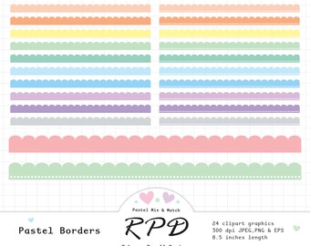 Scalloped Ribbon Borders Digital Clip Art Set, Solid Pastel Colours, Png, Jpeg, Scrapbooking & Planner Images, Commercial Use