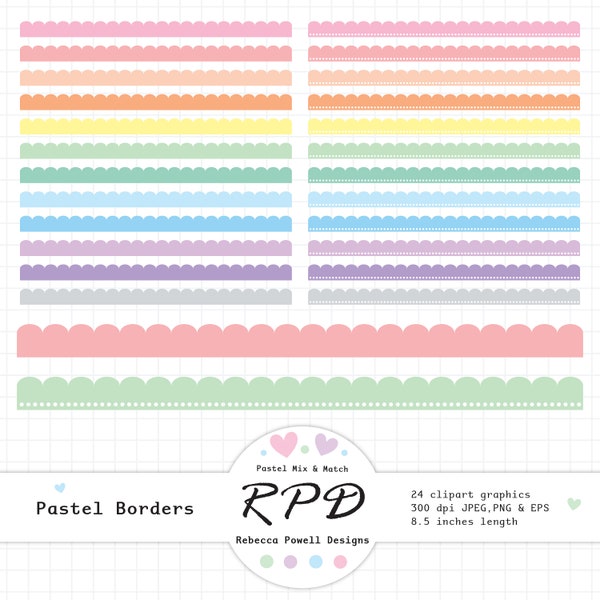 Scalloped Ribbon Borders Digital Clip Art Set, Solid Pastel Colours, Png, Jpeg, Scrapbooking & Planner Images, Commercial Use