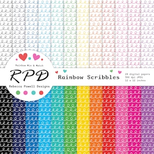 May include: Digital papers with a repeating scribble design in a rainbow of colours. The papers are 12 x 12 inches and 300 dpi JPEG. The design is called "Rainbow Scribbles". Colours include black, blue, green, yellow, orange, and pink.