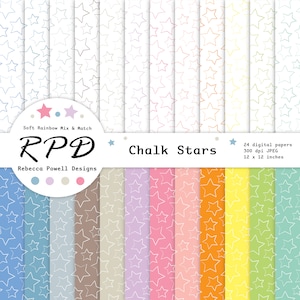 Sterren handgetekende digitale papierverpakking, naadloos patroon, pastel regenboogkleuren, wit, plakboekpagina's, digitale achtergronden, commercieel gebruik