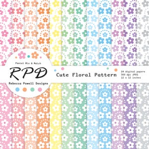 Cute Floral Digital Paper, Printable Seamless Pattern in Pastel Colours & White for Scrapbooking and Crafts