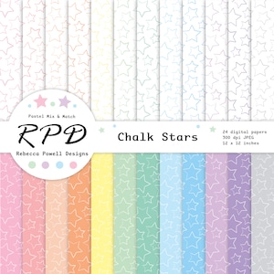 Pacote de papel digital desenhado à mão com estrelas, padrão sem costura, cores pastel, branco, páginas de scrapbook, fundos digitais, uso comercial