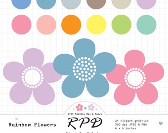 SALE Cute Flowers Floral Digital Clip Art Set, Hand Drawn, Pastel Rainbow Colours, White, Png ,Jpeg, Scrapbooking, Planner, Commercial Use