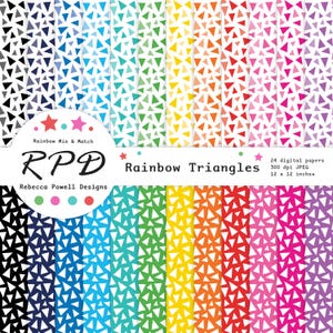 Può includere: Fogli digitali con motivi a triangoli colorati in uno spettro arcobaleno. I fogli misurano 30,48 cm x 30,48 cm e presentano il testo "Rainbow Triangles" e "24 digital papers". Design di Rebecca Powell Designs.