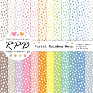 Può includere: Un set di 24 carte digitali con motivi a pois arcobaleno pastello. Ogni carta misura 30,5 cm x 30,5 cm e 300 dpi. Le carte sono etichettate "Pastel Rainbow Dots" e "RPP Rebecca Powell Designs".