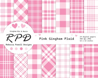 Pink Gingham Plaid Digital Paper Pack, Seamless , White, Lumberjack Check, Crosshatch, Scrapbook Pages, Digital Backgrounds, Commercial Use