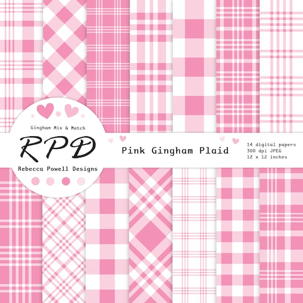 Pink Gingham Plaid Digital Paper Pack, Seamless , White, Lumberjack Check, Crosshatch, Scrapbook Pages, Digital Backgrounds, Commercial Use