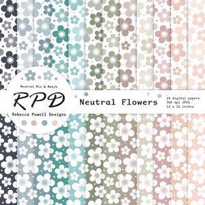 以下が含まれることがあります： 青、緑、茶色、ピンクのさまざまな色合いで、ニュートラルな花の模様が描かれたデジタルペーパー24枚セット。ペーパーは30.5 x 30.5 cmで、解像度は300 dpiです。