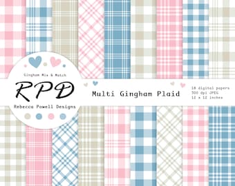 May include: Set of 18 digital papers featuring various gingham plaid patterns in pink, blue, and beige. The papers are 30.5 x 30.5 cm and 300 dpi.