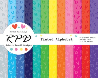 SALE Alphabet Letters Digital Paper, ABC, Seamless, Tinted Rainbow Colours, White, Scrapbook Pages, Digital Backgrounds, Commercial Use