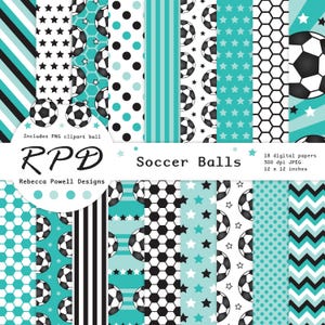 Teal Turquoise Soccer Pattern Digital Paper Pack: Seamless Sports Clipart (PNG, JPEG Downloadable Files)