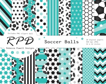 Turquoise Soccer Digital Papers Pack: Seamless Football Patterns, PNG Clipart Ball