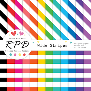 Large Stripes Digital Paper Pack, Seamless Pattern, Multi Rainbow Colours, White, Scrapbook Pages, Backgrounds, Commercial Use