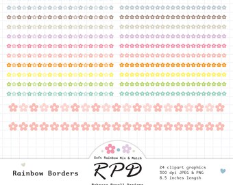 Floral Ribbon Borders Clipart: Pastel Rainbow Colors PNG & JPEG Graphics (Instant Download)