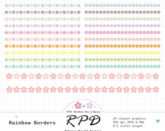 Decorative Flowers Ribbon Borders Digital Clip Art Set, Pastel Rainbow Colours, Png, Jpeg, Scrapbooking, Planner Images, Commercial Use