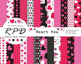 Valentines Cute Love Hearts Digital Paper Pack, Seamless Patterns, Red, Pink, Black White, Scrapbook Pages, Backgrounds, Commercial Use