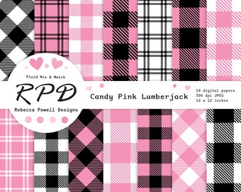 Pastel Pink Plaid Digital Paper Pack , Seamless, Black, White, Lumberjack Checks, Log Cabin, Scrapbooking, Backgrounds, Commercial Use