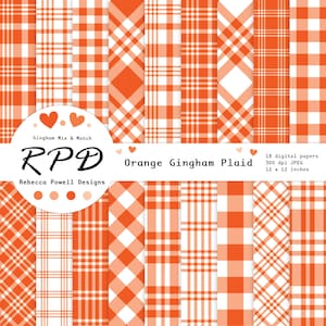 May include: Set of 18 digital papers featuring orange and white gingham plaid patterns. Each paper is 12 inches by 12 inches and 300 dpi. The papers are perfect for scrapbooking, card making, and other crafting projects.