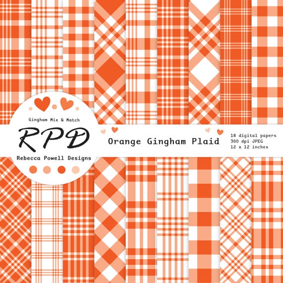 Orange & White Gingham Plaid Checks Digital Paper, Seamless Patterns, Scrapbooking, Backgrounds, Commercial Use
