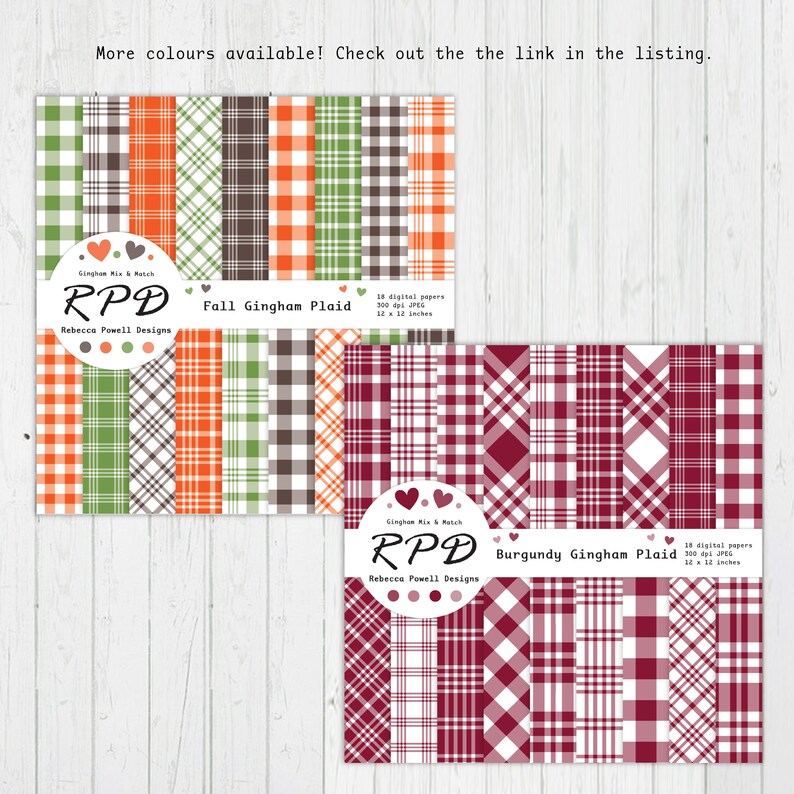 Image shows gingham plaid digital paper packs. Brown, orange, green and white pack with a burgundy and white pack.