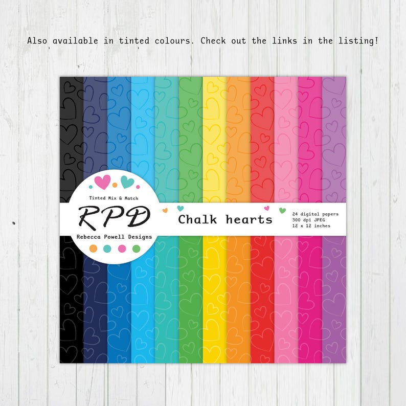 Hand drawn hearts digital paper pack in two tone tinted rainbow colours.