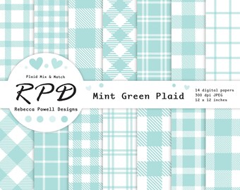 Pastel Green & White Seamless Buffalo Plaid Digital Paper Pack , Lumberjack Checks, Log Cabin, Scrapbooking, Backgrounds, Commercial Use