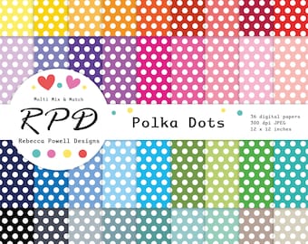 Polka Dots Digital Paper, Seamless Pattern, Rainbow Colours & White, Backgrounds, Scrapbook Pages, Commercial Use