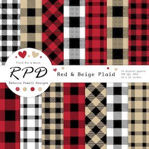 Red & Beige Buffalo Plaid Digital Paper Pack: Seamless Gingham (Digital Download)