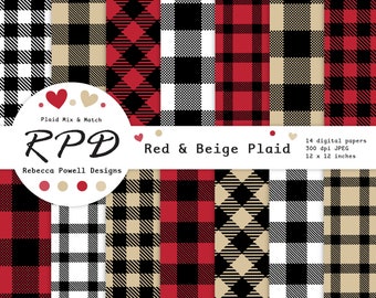 SALE Red & Beige Buffalo Plaid Digital Paper Set, Seamless, Black, Lumberjack, Log Cabin, Gingham, Scrapbooking, Backgrounds, Commercial Use