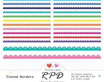 Clipart digital com bordas recortadas vintage, cores do arco-íris, ideal para scrapbooking, planners e uso comercial.