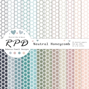 Digitaal papierpakket met geometrische zeshoeken, naadloos honingraatpatroon met neutrale kleuren voor scrapbooking en directe download