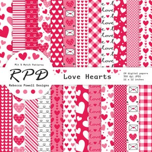 Red & White Love Hearts Digital Paper Pack - süße Valentinstag Hochzeit Muster für Scrapbooking und Hintergründe, kommerzielle Nutzung