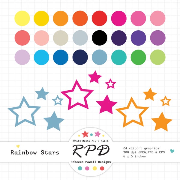 Stars Digital Clip Art Set, Solid Rainbow Colours, Star Outlines, Png Jpeg Eps Graphics, Scrapbooking & Planner Images, Commercial Use