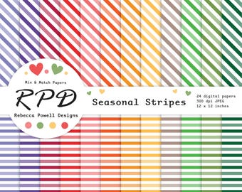 Könnte beinhalten: Eine Sammlung von 24 digitalen Papieren mit diagonalen und horizontalen Streifen in verschiedenen Farben, darunter Lila, Rot, Orange, Gelb, Grün und Grau. Die Papiere sind 30.48 cm x 30.48 cm groß und 300 dpi JPEG. Der Text "Seasonal Stripes" und "Rebecca Powell Designs" ist ebenfalls sichtbar.