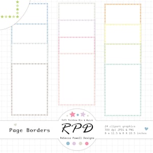 May include: Set of 24 printable page borders with a dotted design in various pastel colors. The borders are 8 x 11.5 inches and 8 x 10.5 inches. The text "Page Borders" is at the bottom of the image.