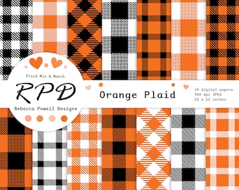 Orange Buffalo Plaid Digital Paper Pack , Seamless, Black, White, Lumberjack, Log Cabin, Gingham, Scrapbooking,Backgrounds,Commercial Use