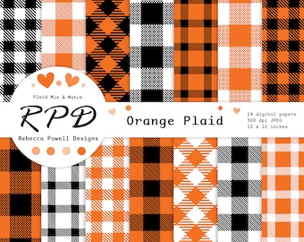 Orange Buffalo Plaid Digital Paper Pack , Seamless, Black, White, Lumberjack, Log Cabin, Gingham, Scrapbooking,Backgrounds,Commercial Use