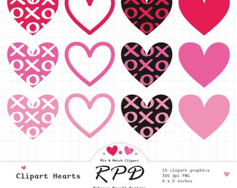 Hearts Hand Drawn Digital Clip Art Set, Wedding, Valentine, Pink, Red, Black, Png Transparent Backgrounds, Scrapbooking, Commercial Use