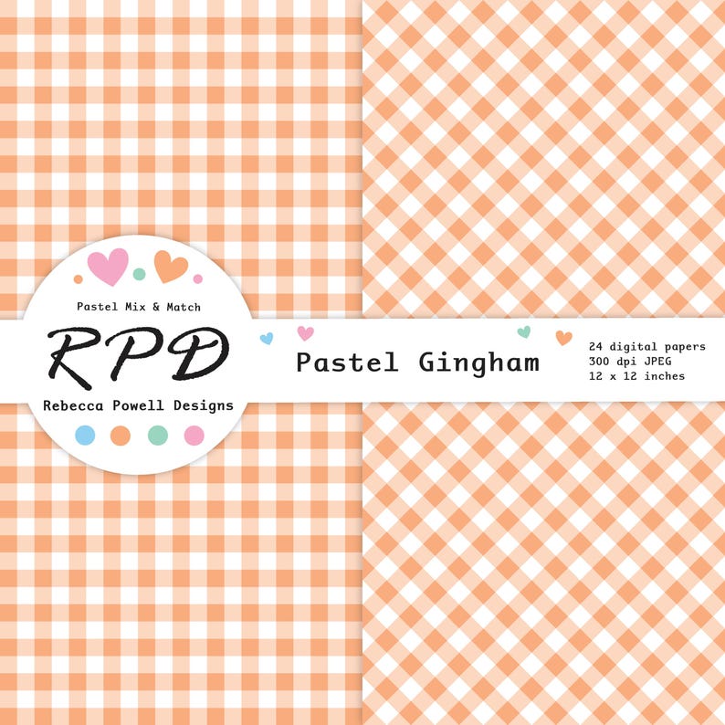 Image of the gingham checks and diagonal gingham patterns in pastel orange and white.