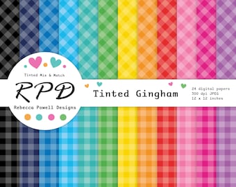 Gingham Pattern Seamless Digital Paper Pack, Rainbow Colours, Scrapbook Pages for Printing & Backgrounds