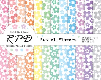 SALE Flowers Floral Hand Drawn Digital Paper, Seamless Pattern, Pastel Colours, White, Scrapbook Pages, Digital backgrounds, Commercial Use