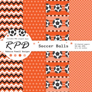 SALE Soccer Football Digital Paper, Seamless Pattern, PNG Clip Art Ball, Orange, Black, Scrapbook Pages, Digital Background, Commercial Use image 4