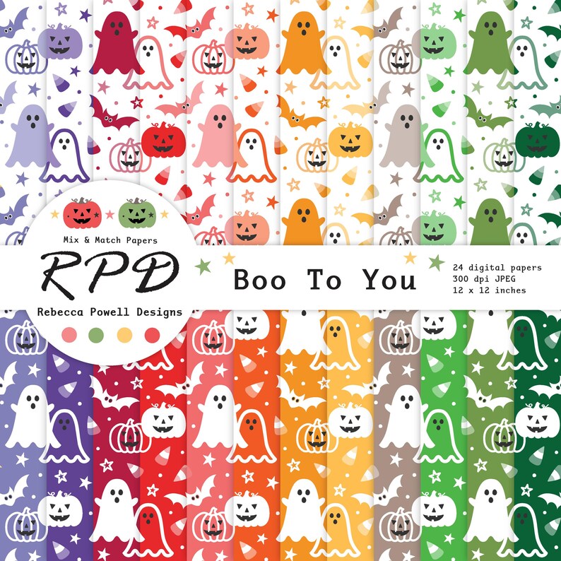 Cute Halloween Digital Paper, Seamless Pattern, Rainbow Colours & White