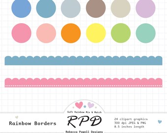 SALE Scalloped Borders Digital Clip Art Set, Solid Pastel Rainbow Colours, Png, Jpeg, Scrapbooking & Planner Images, Commercial Use