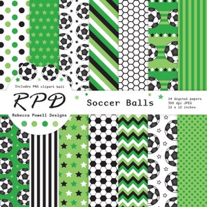 SALE Soccer Football Digital Paper, Seamless, PNG Clip Art Ball, Green, Black, White, Scrapbook Pages, Digital Background, Commercial Use