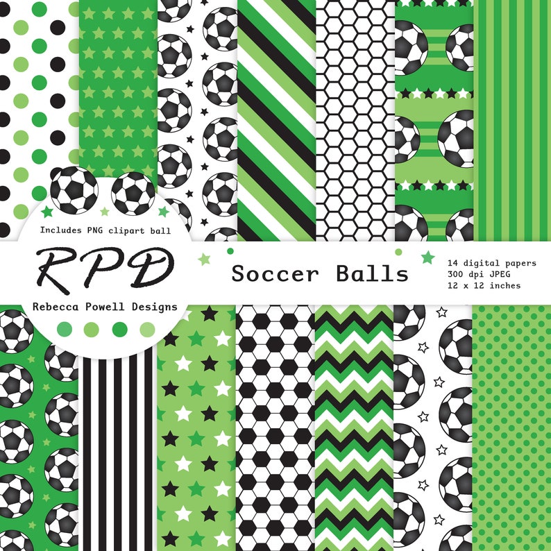 SALE Soccer Football Digital Paper, Seamless, PNG Clip Art Ball, Green, Black, White, Scrapbook Pages, Digital Background, Commercial Use image 1
