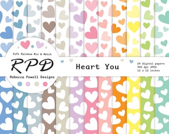 SALE Love Confetti Hearts Digital Paper, Seamless Pattern, Pastel Rainbow Colours, White, Scrapbook Pages, Backgrounds, Commercial Use